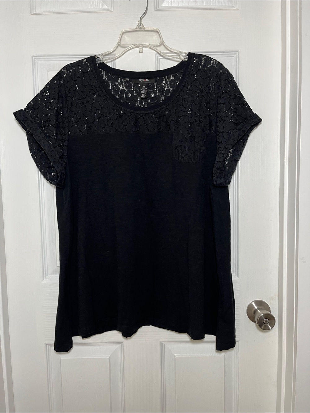 Style & Co. Black Lace Yoke Short Sleeve Trapeze Top